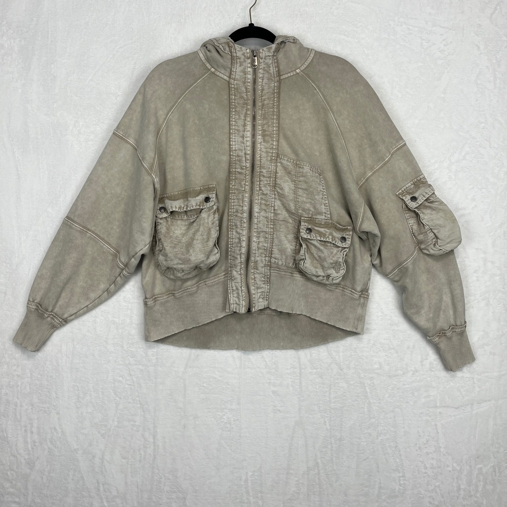 Free People Fave Bae Hoodie Womens Small Beige‎ Cargo Zip Up OB1106935 Rare